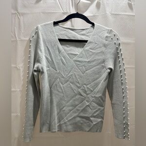 Light Gray V-Neck Sweater with Pearl Detailing